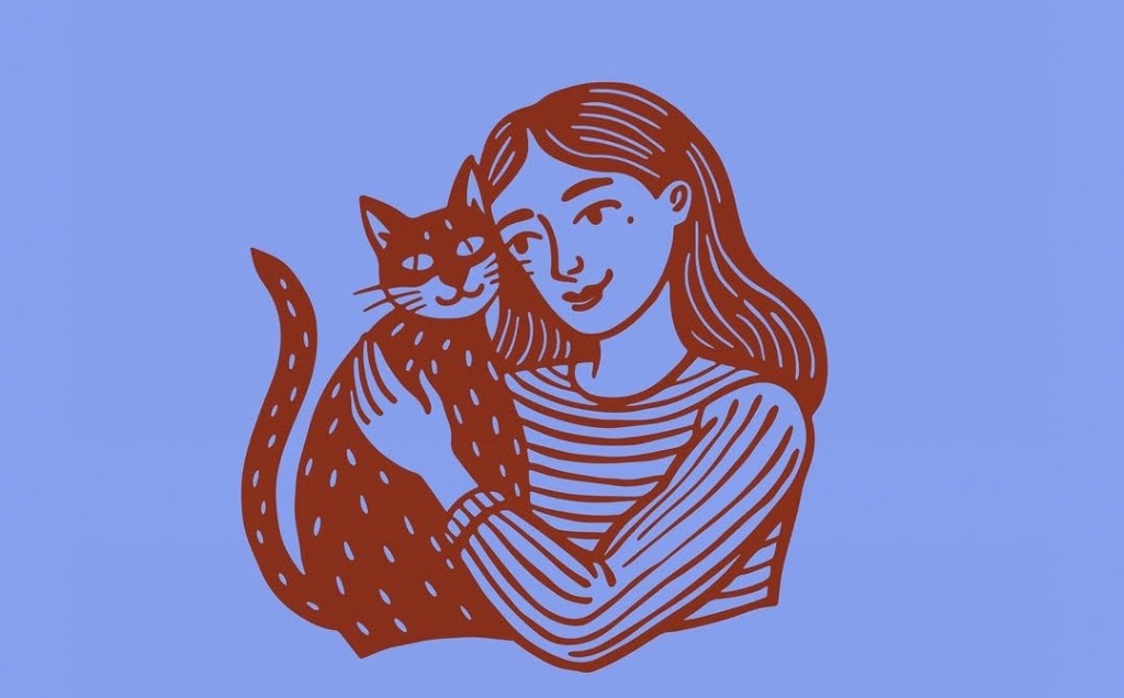 Ilustración estilo linograbado de mujer abrazando a un gato