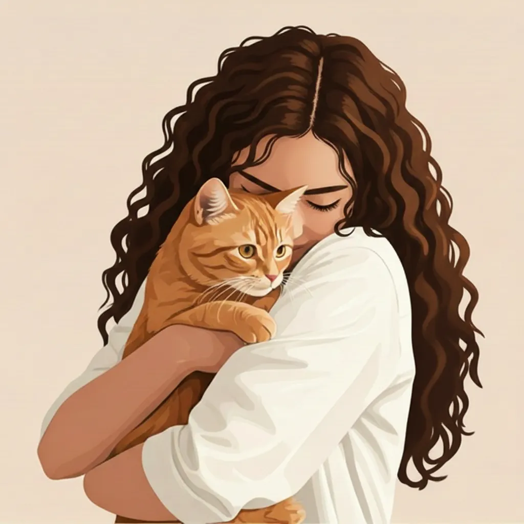 Mujer abrazando a un gato pelirrojo con cariño